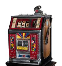 A Watling 1 Cent Dual Jackpot Gum Dispenser Slot Machine on Reverse Printed Glass Inset Golden Nugget Stand