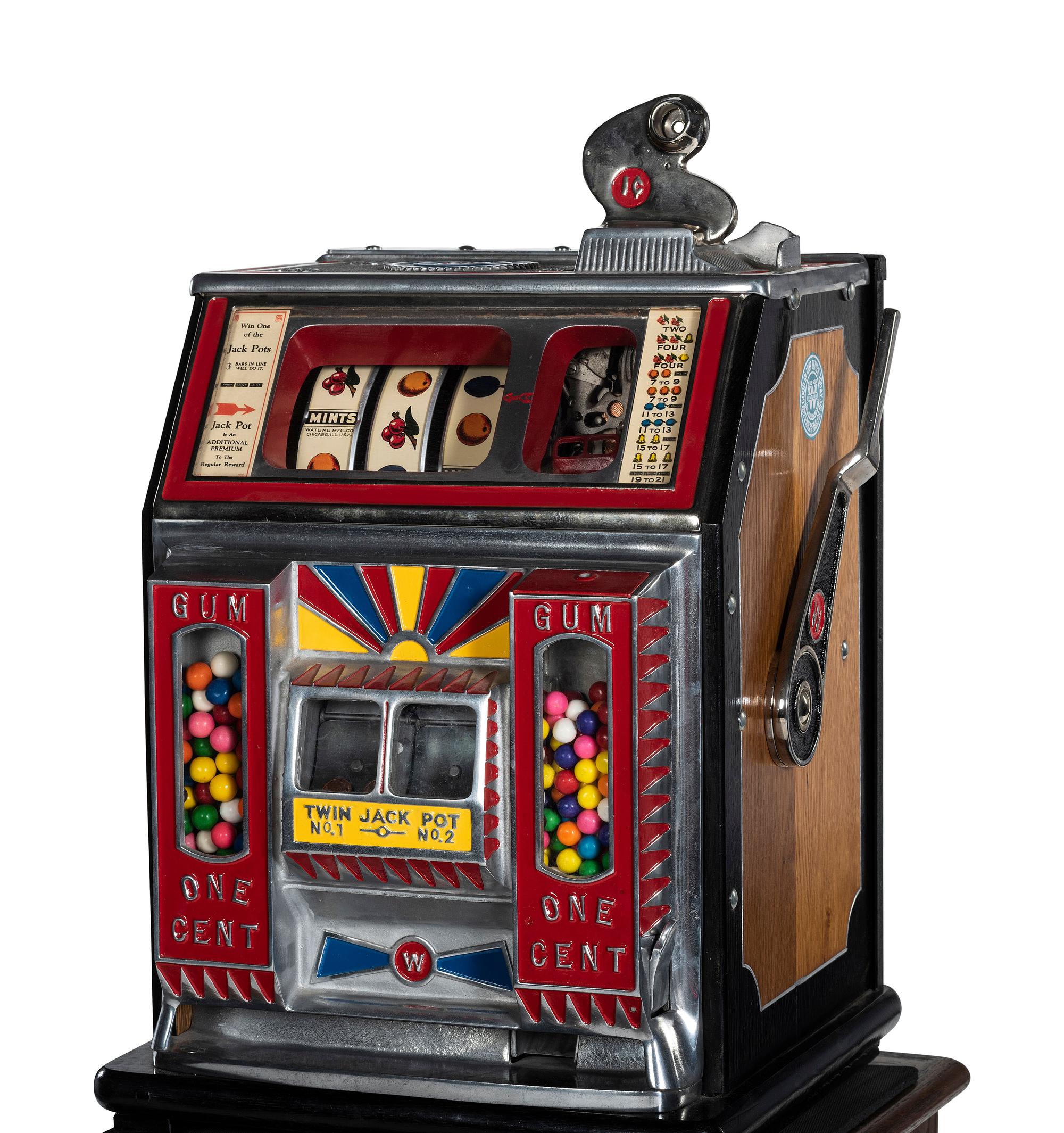 A Watling 1 Cent Dual Jackpot Gum Dispenser Slot Machine on Reverse Printed Glass Inset Golden Nugget Stand