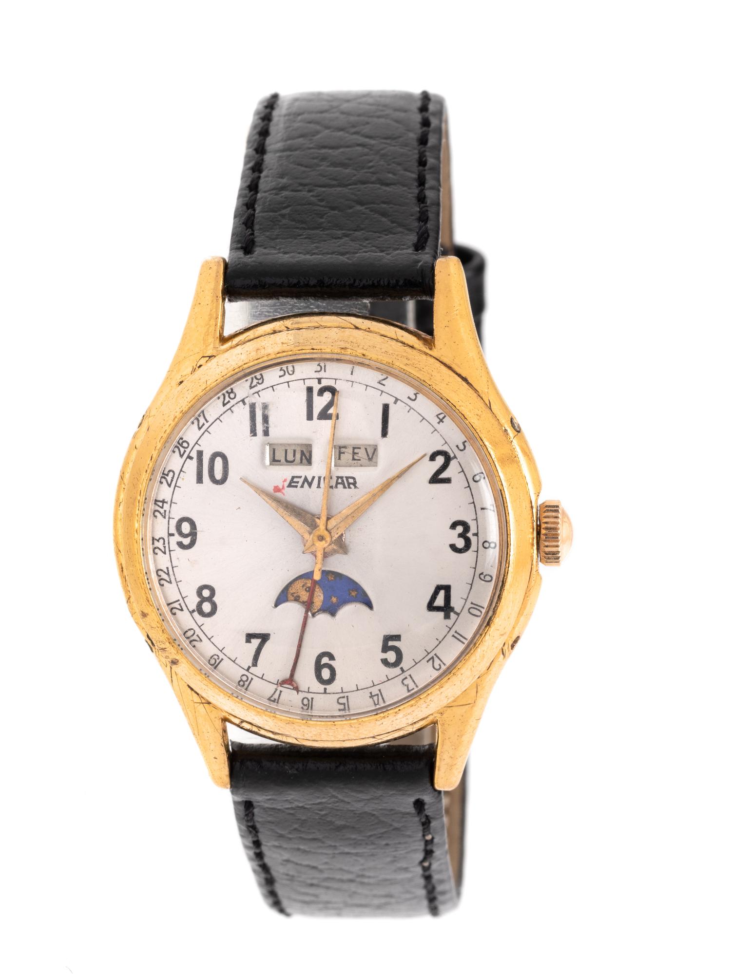 ENICAR, VINTAGE, STAINLESS STEEL AND GOLD-PLATED MOONPHASE TRIPLE DATE WRISTWATCH