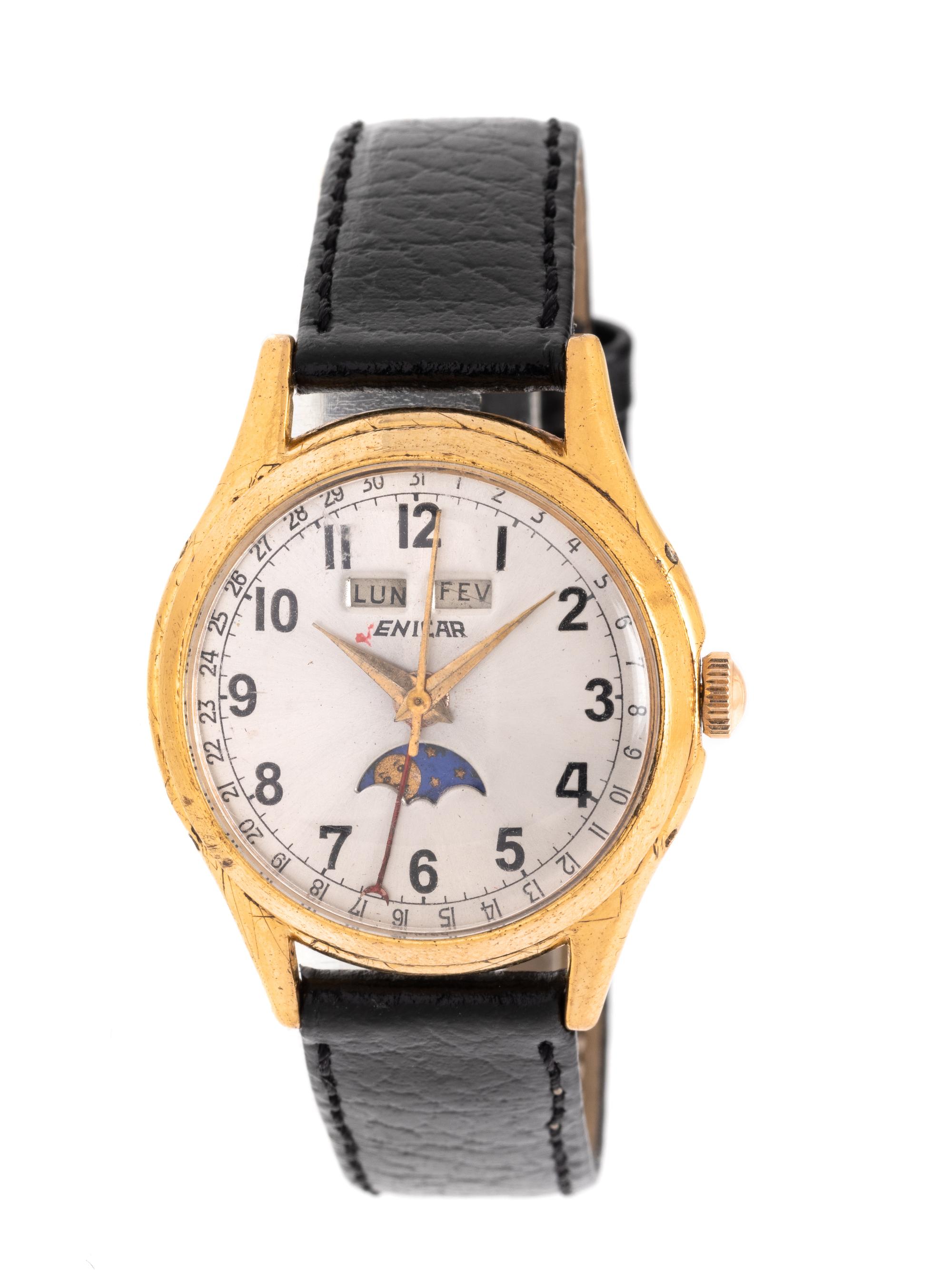 ENICAR, VINTAGE, STAINLESS STEEL AND GOLD-PLATED MOONPHASE TRIPLE DATE WRISTWATCH