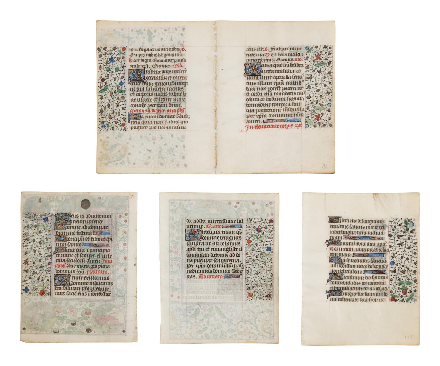 FOLLOWER OF THE MASTER OF JEAN ROLIN II (active Paris, c. 1445–1465) Five leaves (a bifolium and three leaves) from a Book of Hours, with three miniatures of Saint Genevieve, the Annunciation, and the Annunciation to the Shepherds, in Latin, illuminated manuscript on parchment [France, Paris, c. 1450–1470]