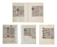 FOLLOWER OF THE MASTER OF JEAN ROLIN II (active Paris, c. 1445–1465) Five leaves (a bifolium and three leaves) from a Book of Hours, with three miniatures of Saint Genevieve, the Annunciation, and the Annunciation to the Shepherds, in Latin, illuminated manuscript on parchment [France, Paris, c. 1450–1470]
