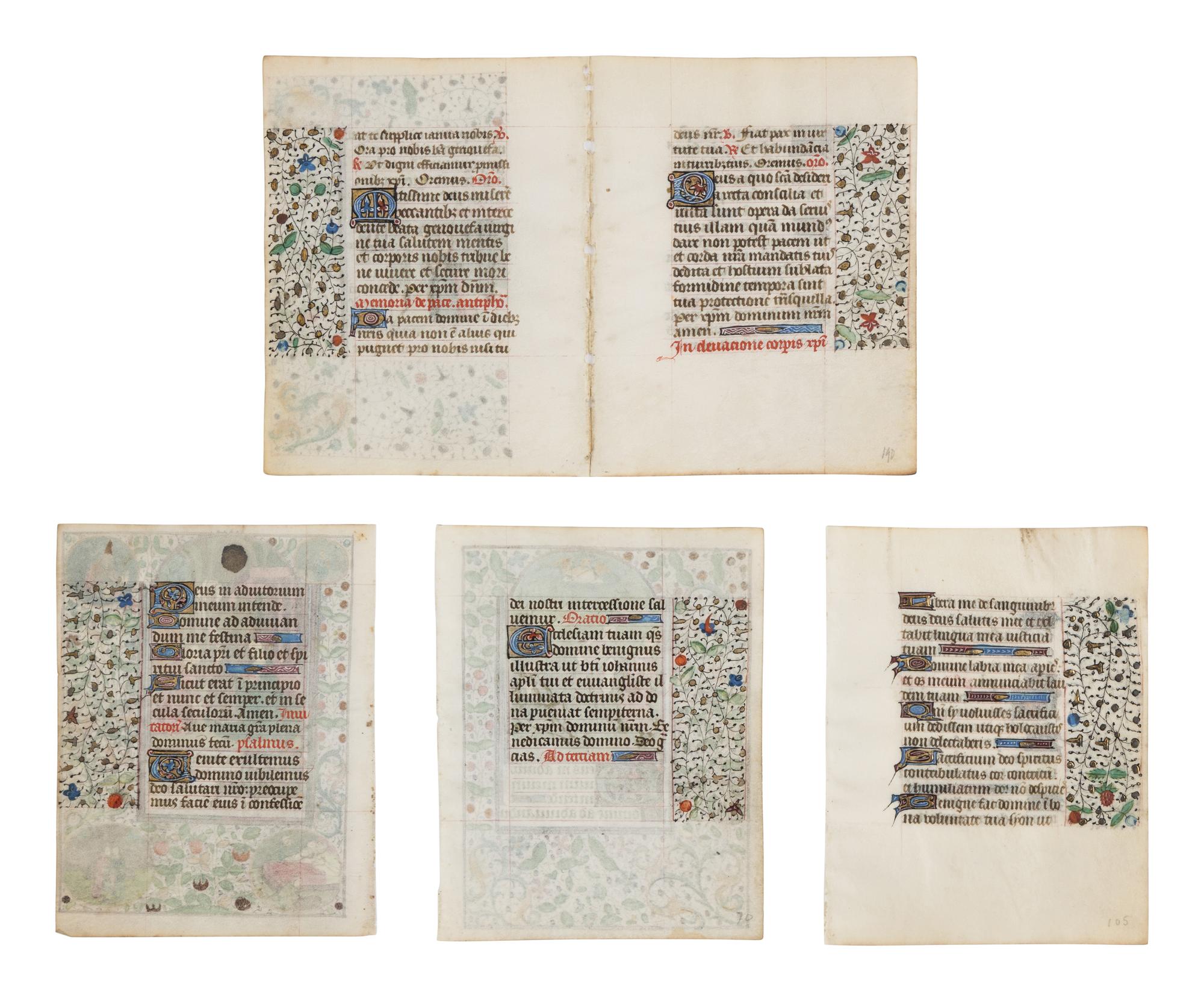 FOLLOWER OF THE MASTER OF JEAN ROLIN II (active Paris, c. 1445–1465) Five leaves (a bifolium and three leaves) from a Book of Hours, with three miniatures of Saint Genevieve, the Annunciation, and the Annunciation to the Shepherds, in Latin, illuminated manuscript on parchment [France, Paris, c. 1450–1470]