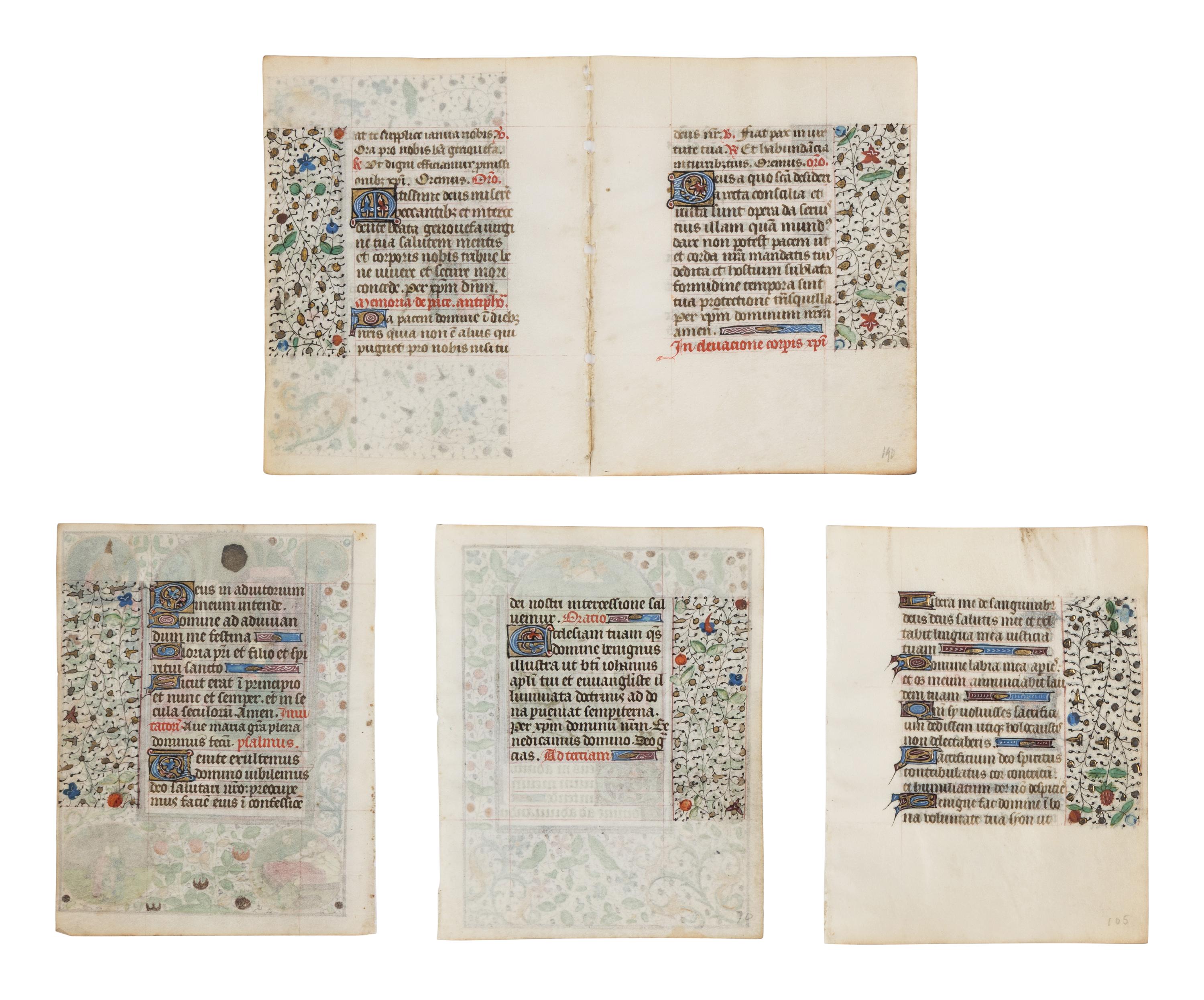 FOLLOWER OF THE MASTER OF JEAN ROLIN II (active Paris, c. 1445–1465) Five leaves (a bifolium and three leaves) from a Book of Hours, with three miniatures of Saint Genevieve, the Annunciation, and the Annunciation to the Shepherds, in Latin, illuminated manuscript on parchment [France, Paris, c. 1450–1470]