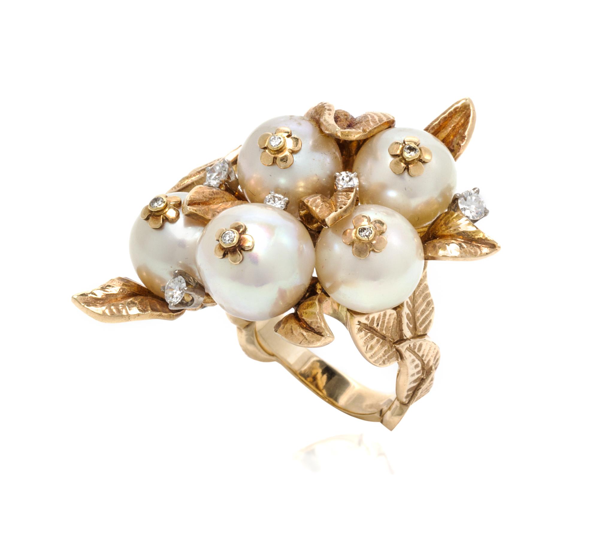 A Yellow Gold, Cultured Pearl and Diamond Ring, 16.60 dwts.