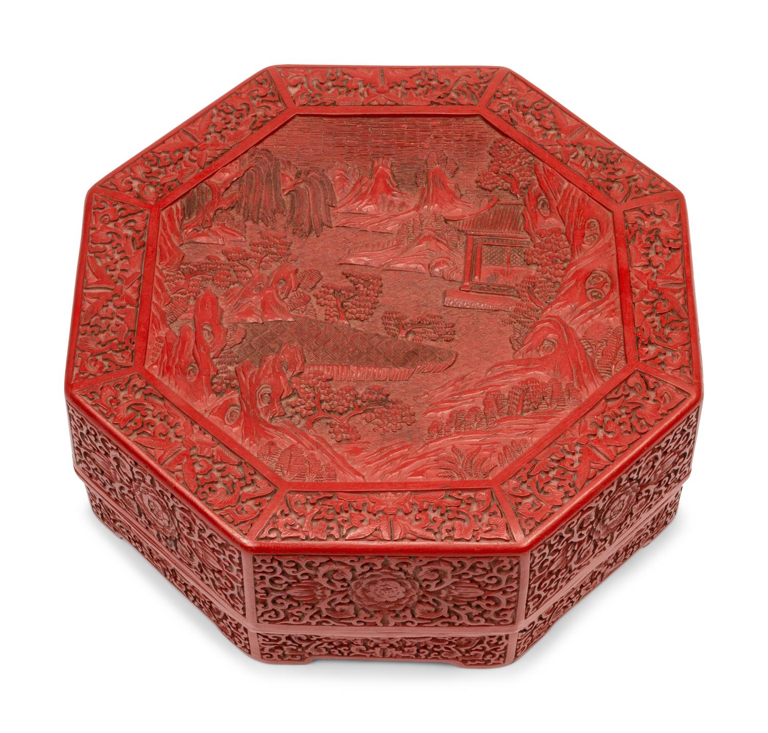 A Chinese Export Carved Red Lacquer Octagonal Box