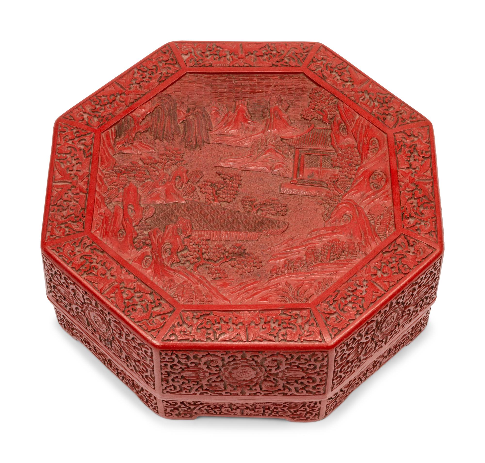A Chinese Export Carved Red Lacquer Octagonal Box
