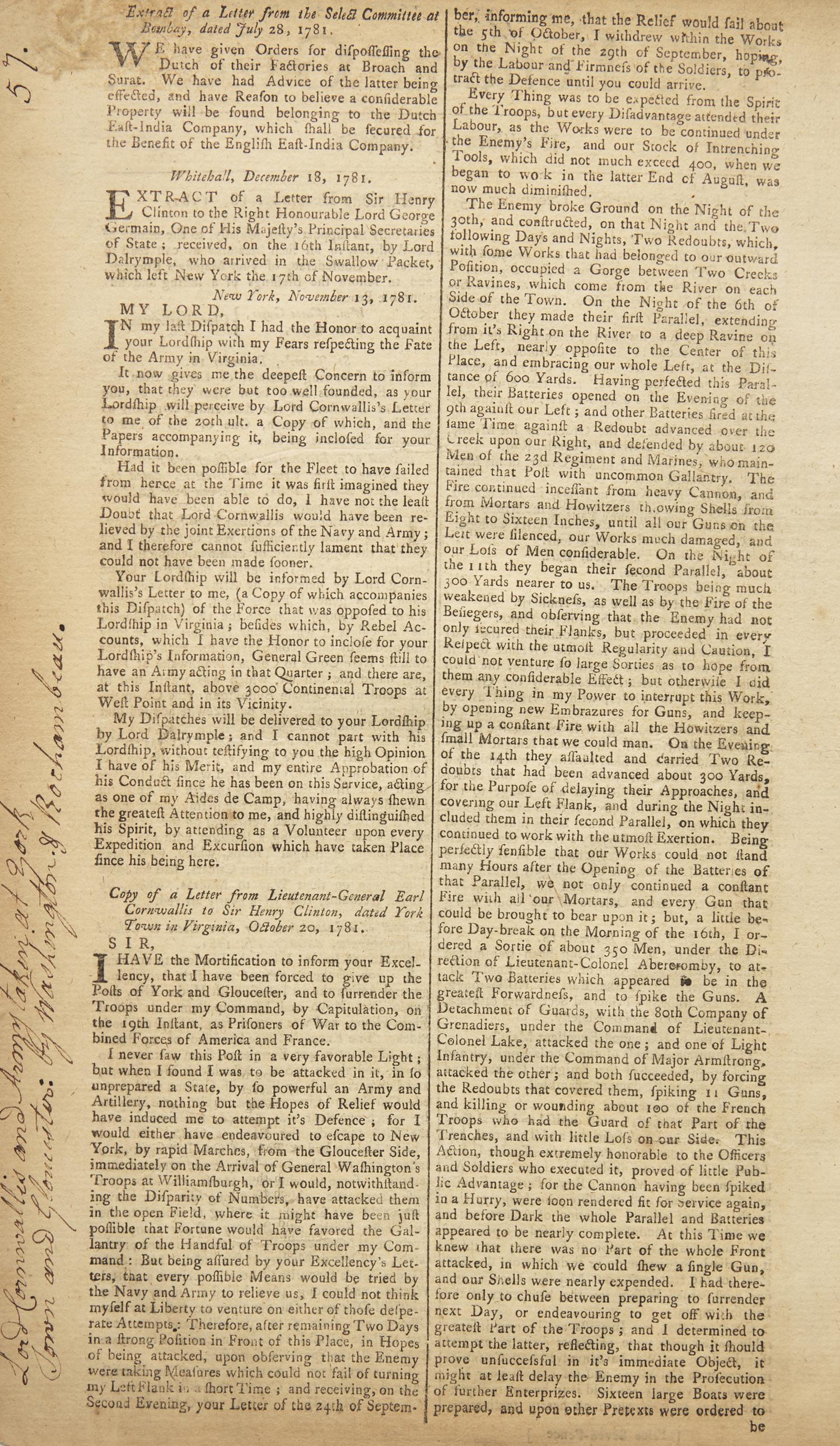[American Revolution] The English Crown Reports Lord Cornwallis’s Surrender at Yorktown