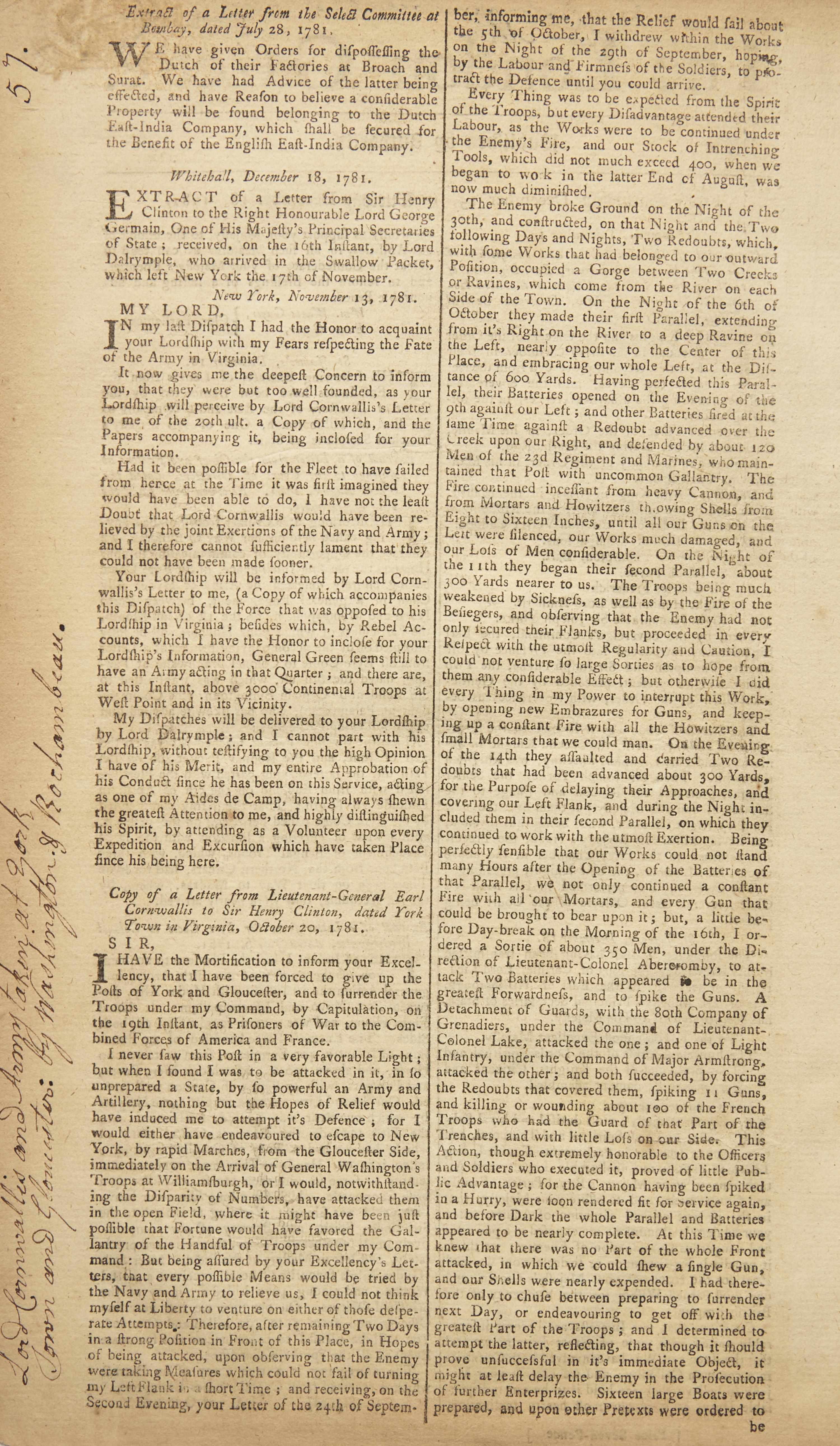 [American Revolution] The English Crown Reports Lord Cornwallis’s Surrender at Yorktown