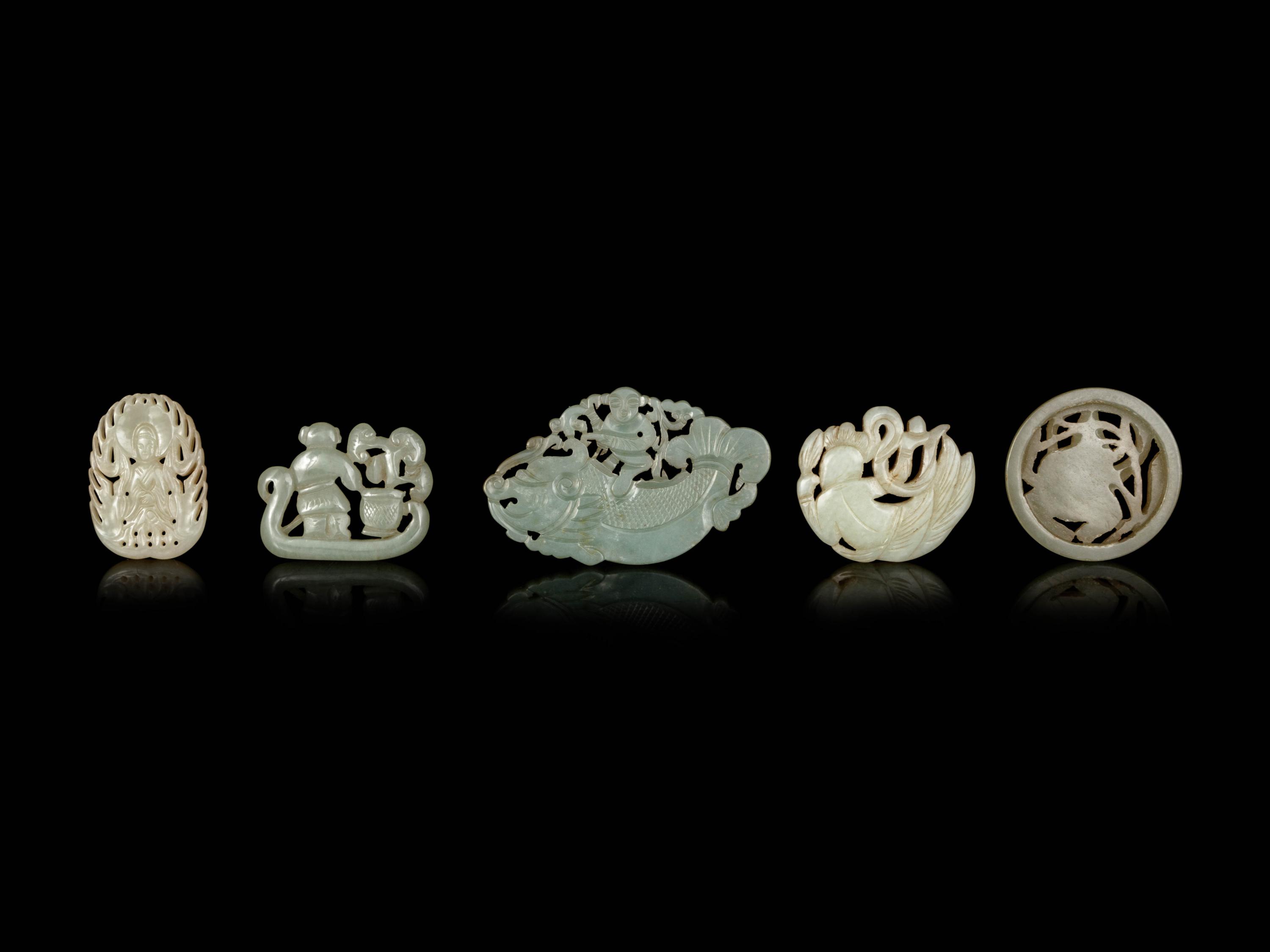 Five Chinese Celadon Jade Reticulated Figural Pendants