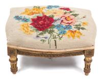 A Louis XV Style Giltwood and Needlepoint Foot Stool Height 6 x width 13 1/2 x depth 11 1/2 inches. — 19TH CENTURY