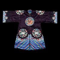 A Chinese Navy Satin Ground Embroidered Silk 'Dragon and Crane' Robe, Qiagua , Late 19th Century 清晚期 石青緞地綉龍紋團鶴紋袷褂
