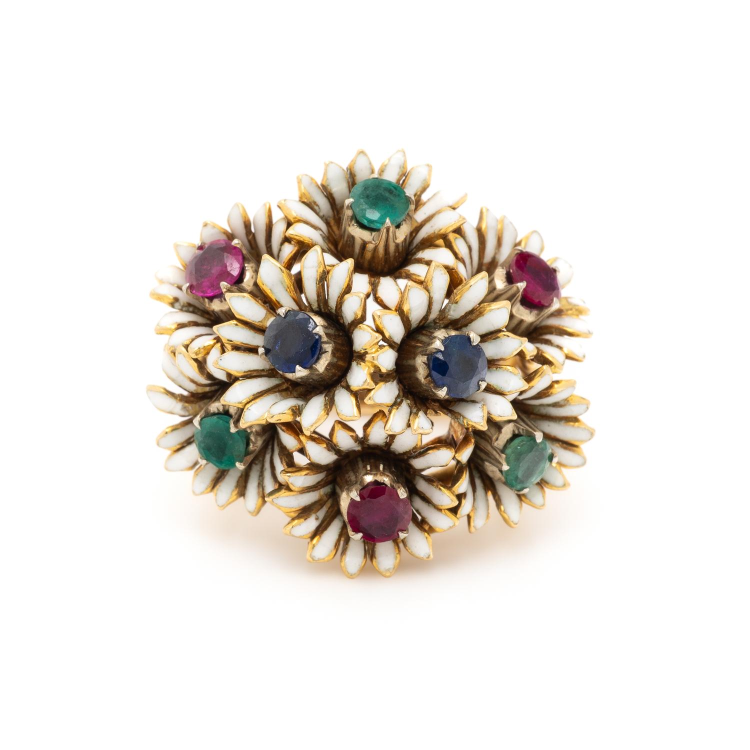 ENAMEL, RUBY, EMERALD, AND SAPPHIRE FLOWER RING