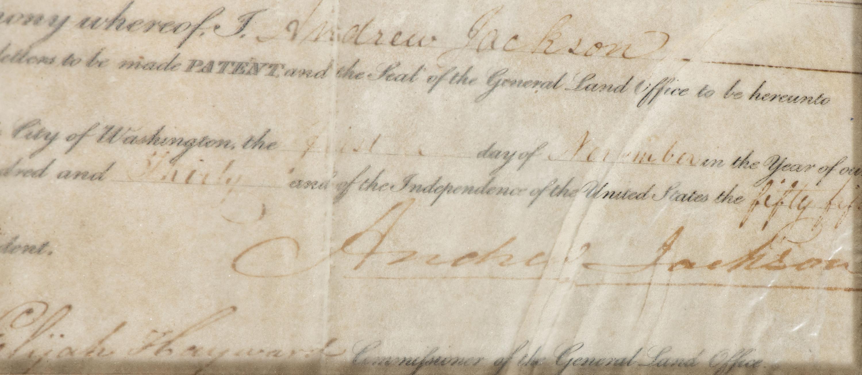 JACKSON, Andrew (1767-1845). Document signed ("Andrew Jackson"), as President. Washington, DC, 1 November 1830.