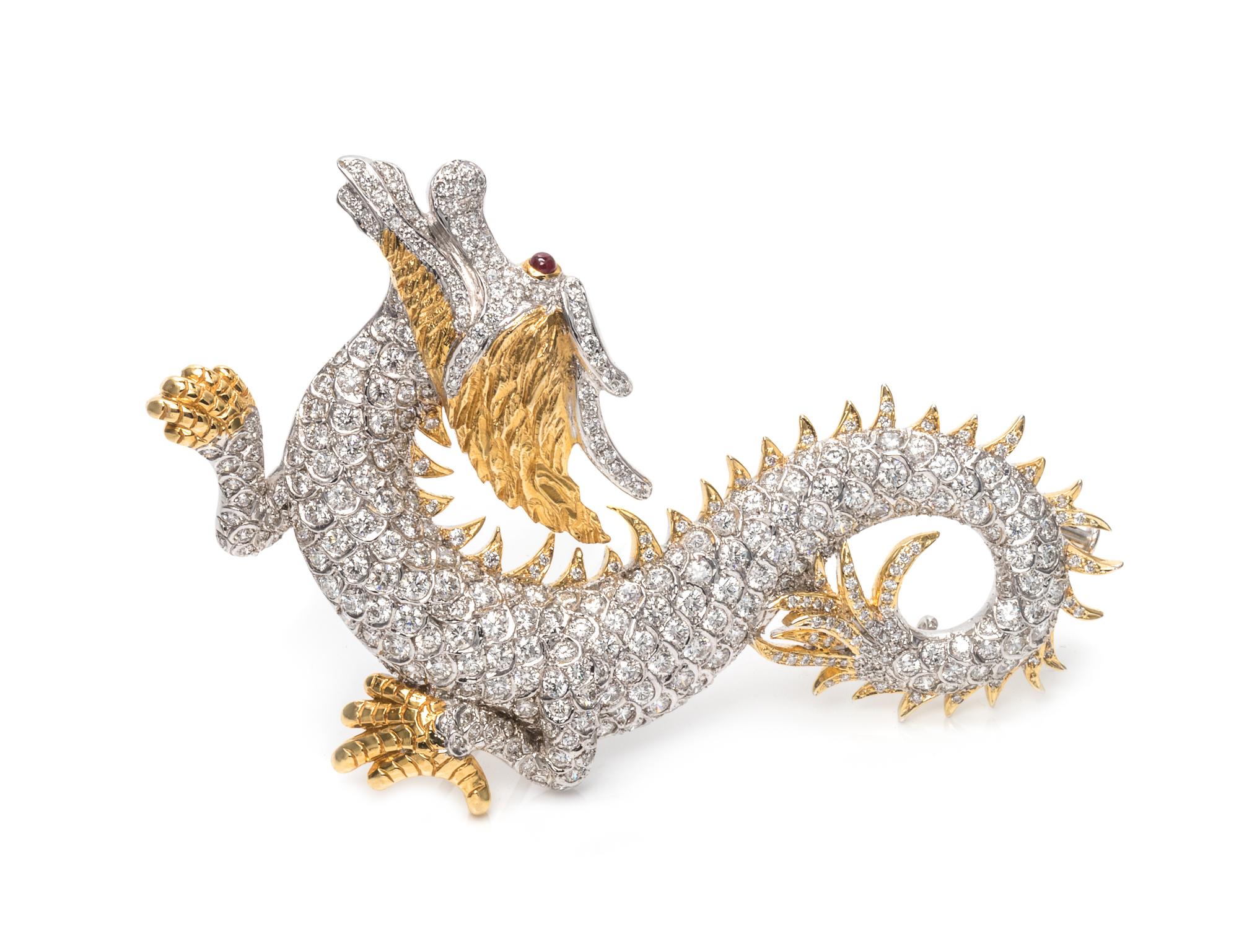 An 18 Karat Bicolor Gold, Diamond and Ruby Dragon Brooch,