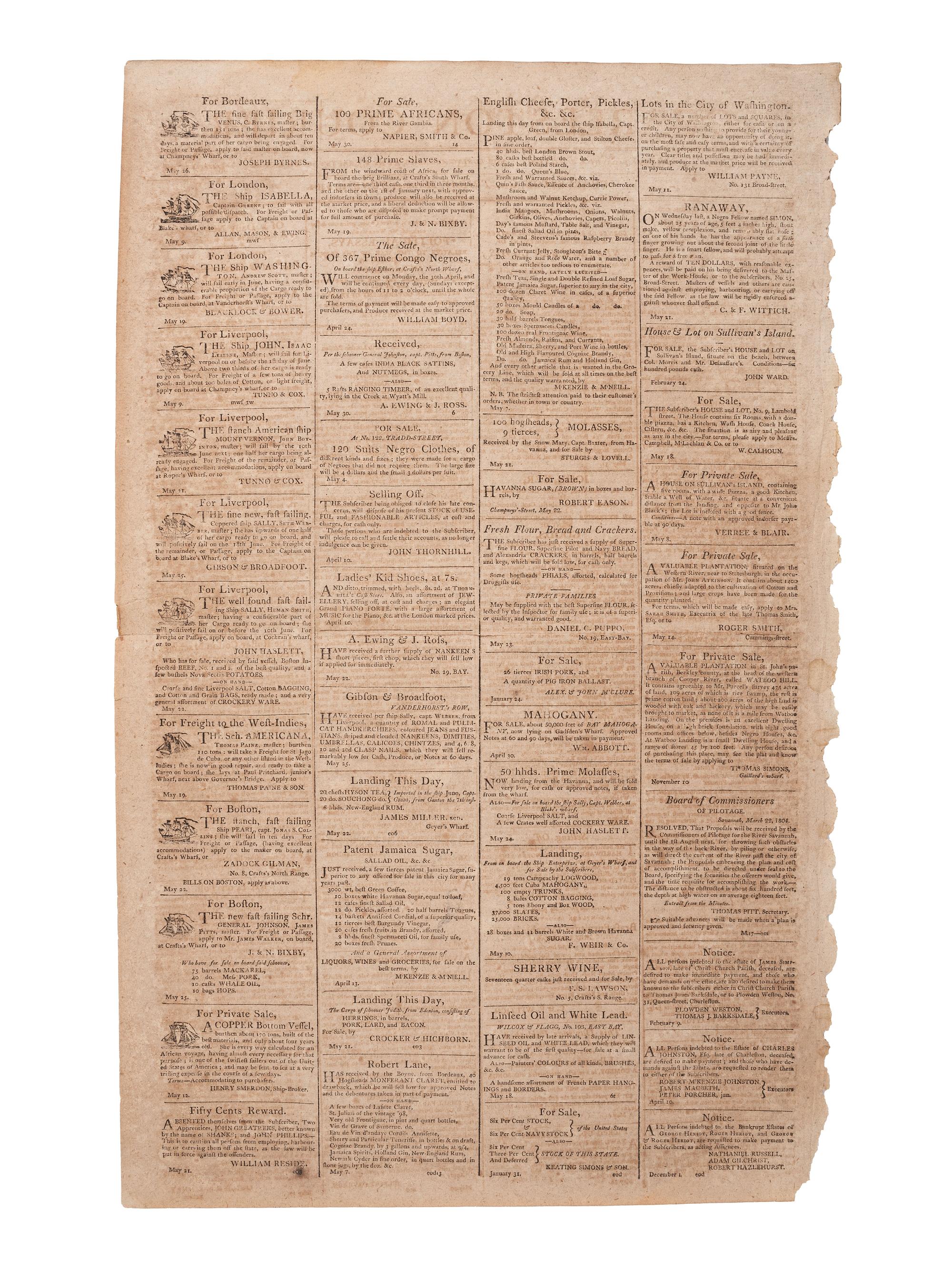 [SLAVERY & ABOLITION]. Charleston Courier. Vol. 2, No. 128. Charleston, SC: A.S. Willington, 31 May 1804.