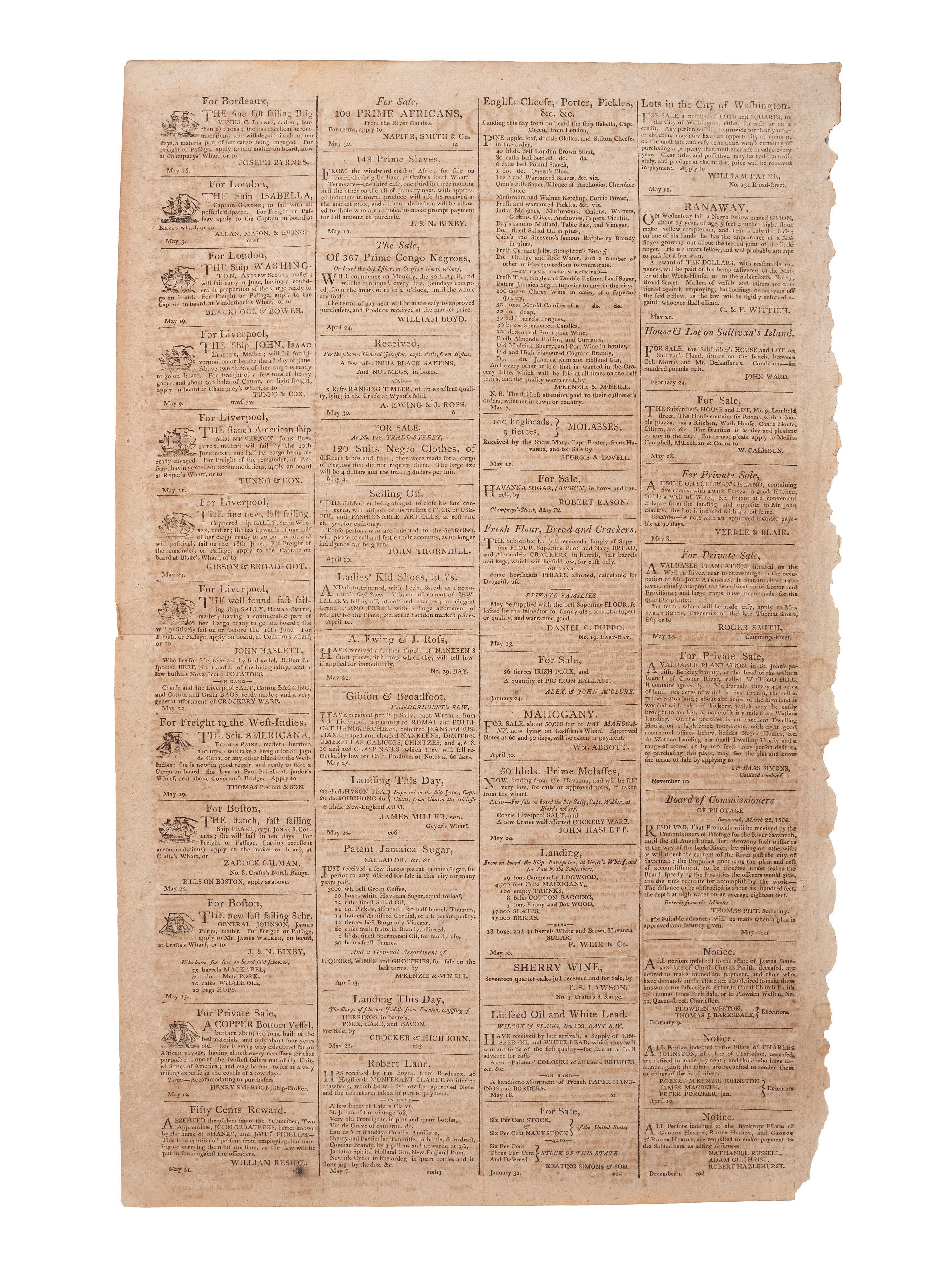 [SLAVERY & ABOLITION]. Charleston Courier. Vol. 2, No. 128. Charleston, SC: A.S. Willington, 31 May 1804.