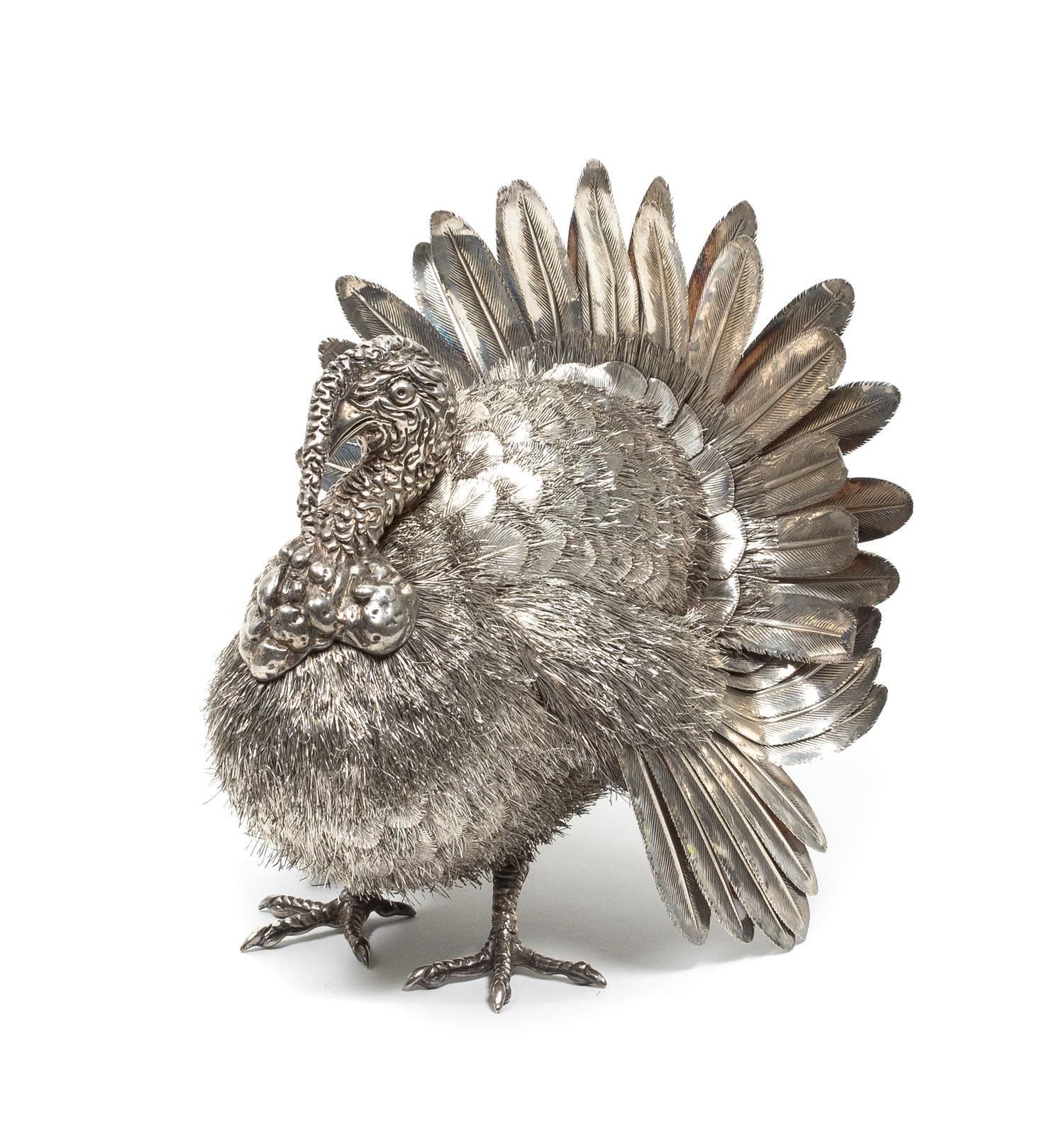 An Italian Silver Wild Turkey Figurine, Nava & Nencini Height 5 3/4 x width 5 1/2 x depth 5 1/4 inches. — LATE 20TH CENTURY