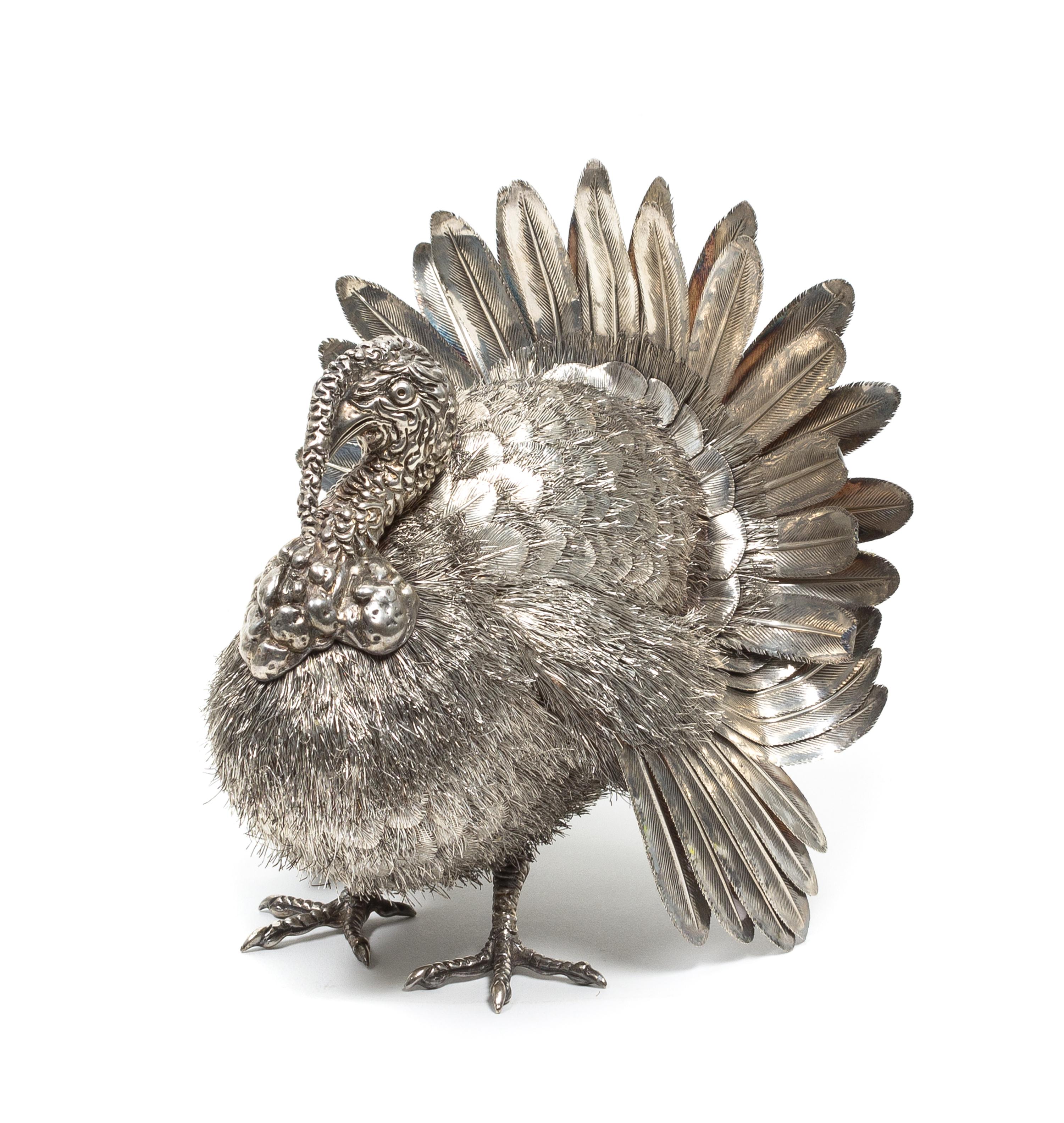 An Italian Silver Wild Turkey Figurine, Nava & Nencini Height 5 3/4 x width 5 1/2 x depth 5 1/4 inches. — LATE 20TH CENTURY