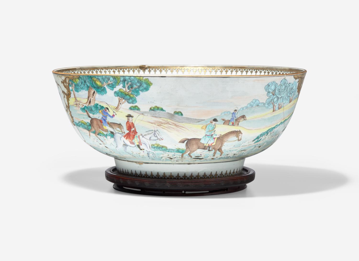 A Chinese Export Porcelain Famille Rose 'Hunt' Punch Bowl