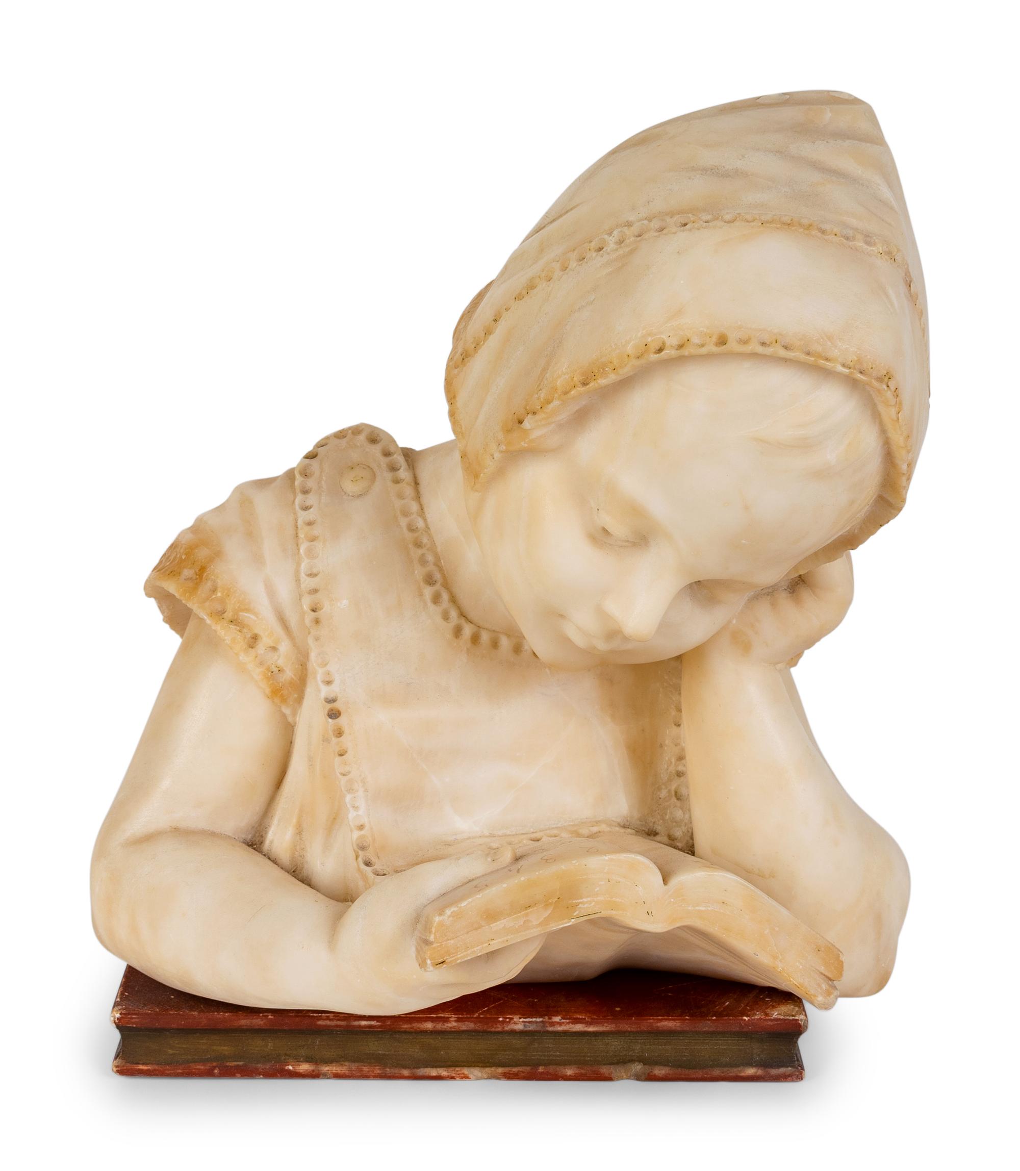 A Victorian Carved Marble Head of Young Child Reading a Primer — 19TH CENTURY
