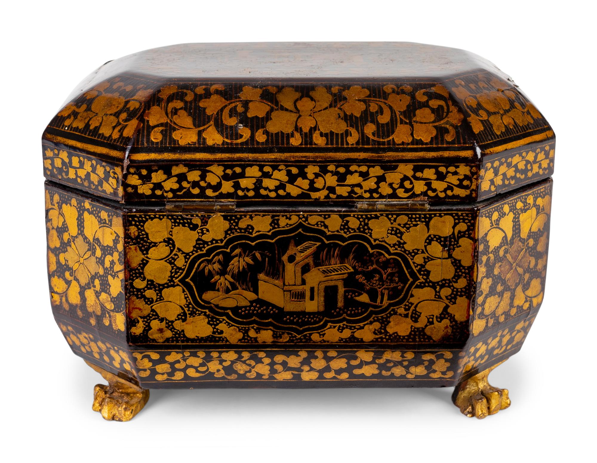A Chinese Export Black and Gilt Lacquer Tea Caddy — 19TH CENTURY