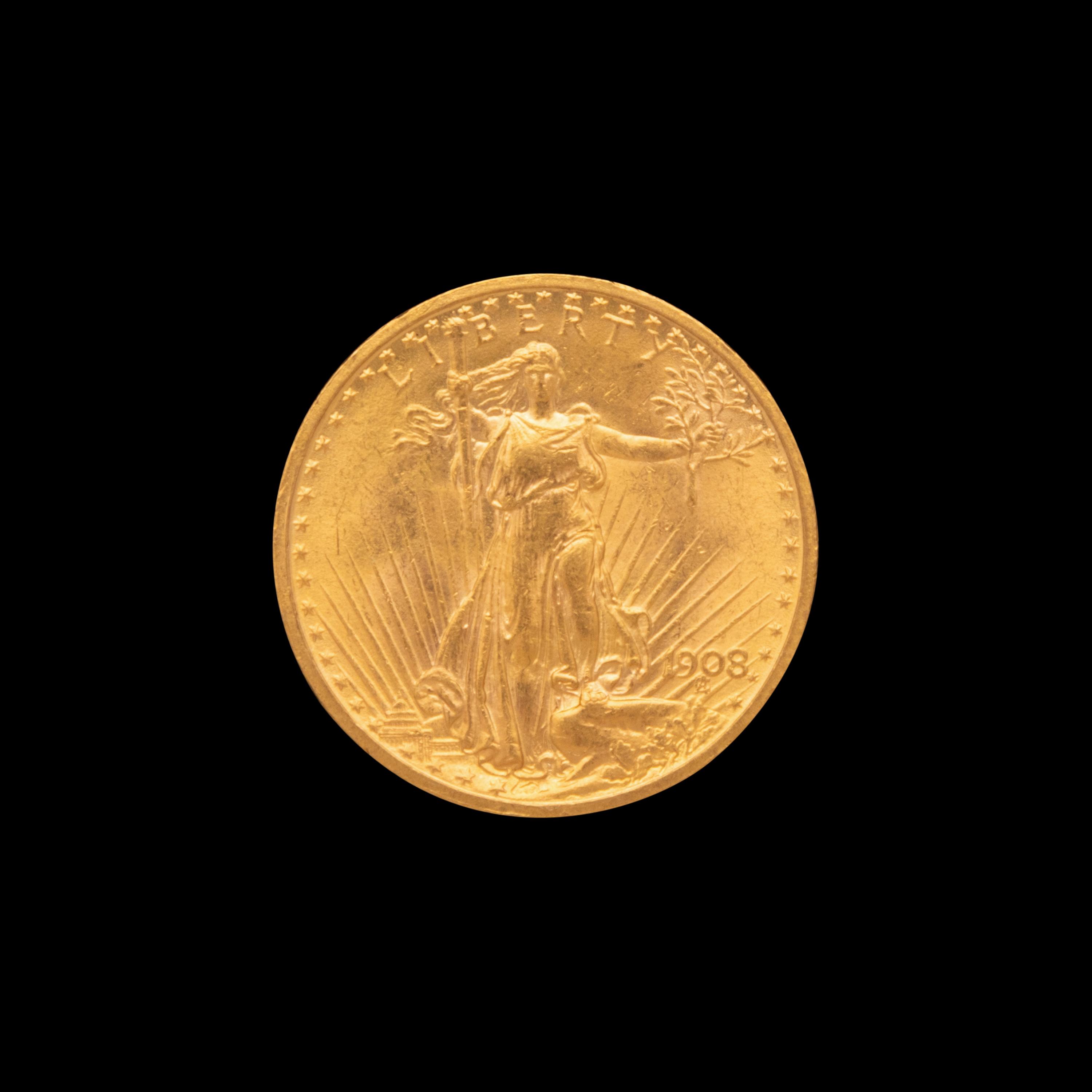 A 1908 Saint-Gaudens: No Motto $20 Gold Coin