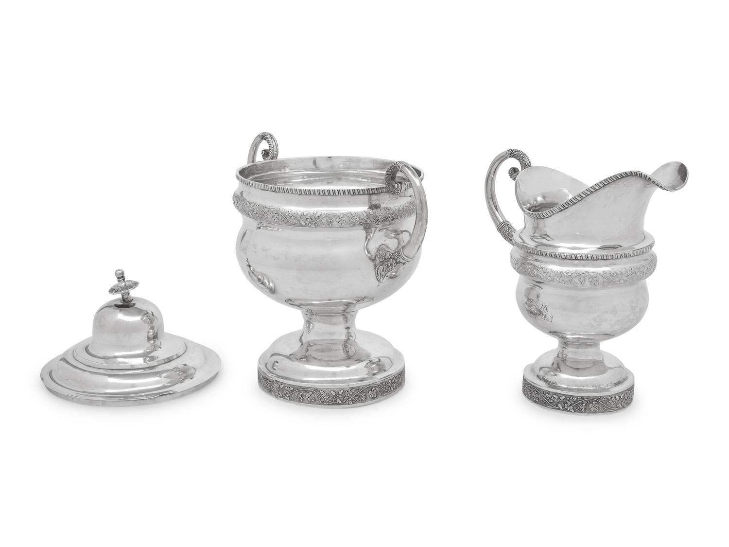 An American Silver Covered Sugar Bowl and Creamer