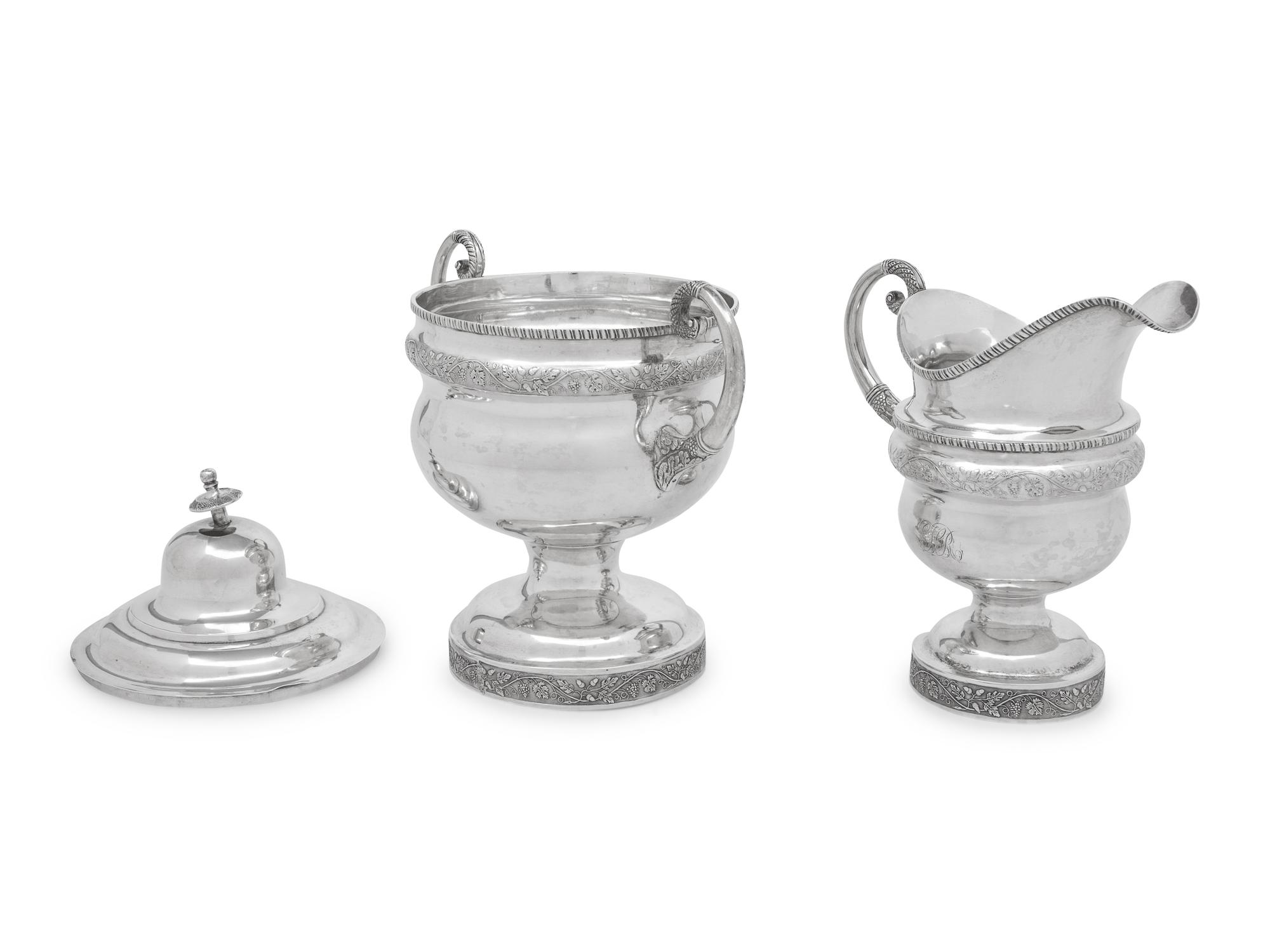 An American Silver Covered Sugar Bowl and Creamer