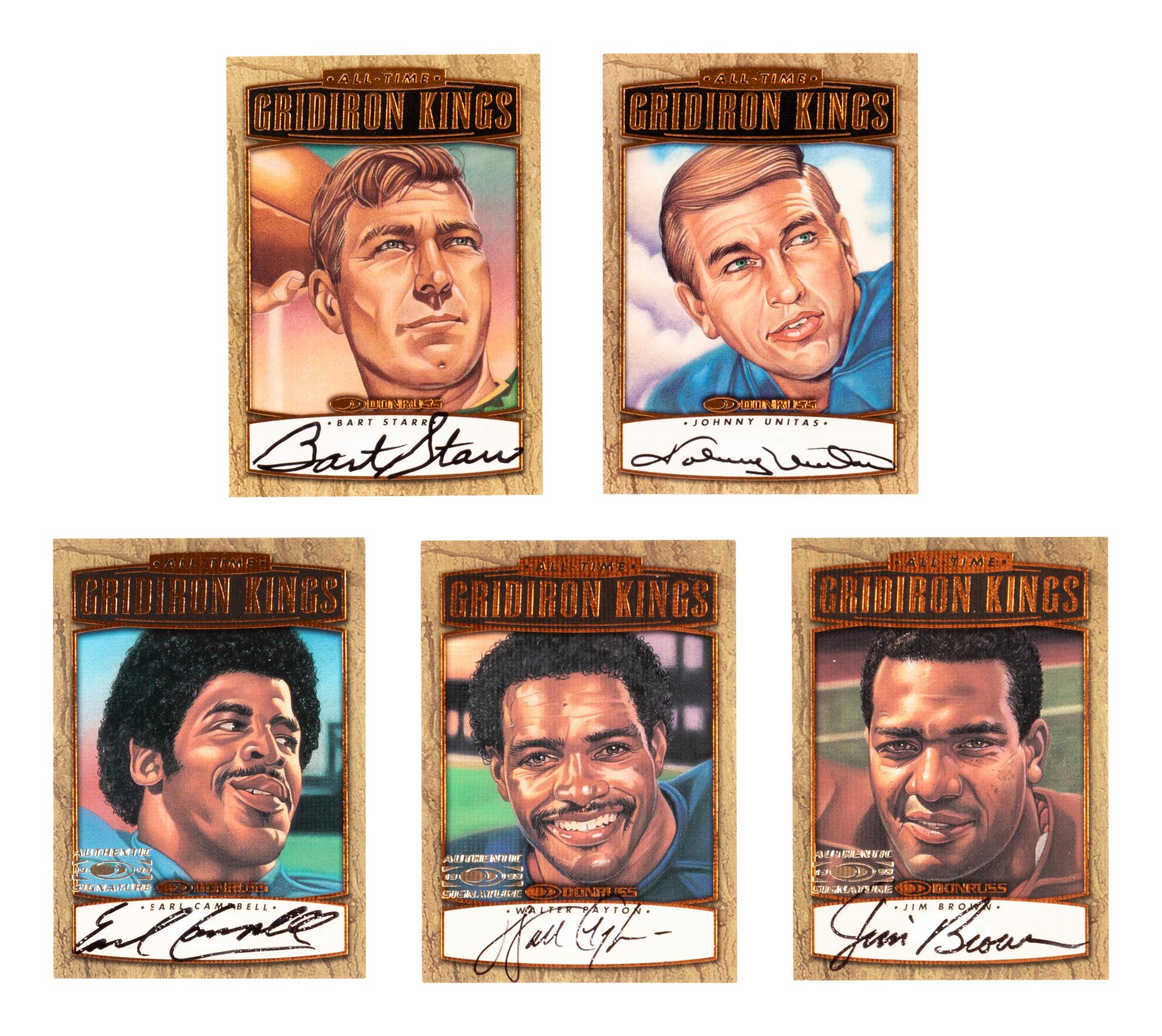 A Complete Set of Five Signed 1999 Donruss Gridiron Kings Football Cards (Payton, Starr, Unitas, Brown, Campbell),