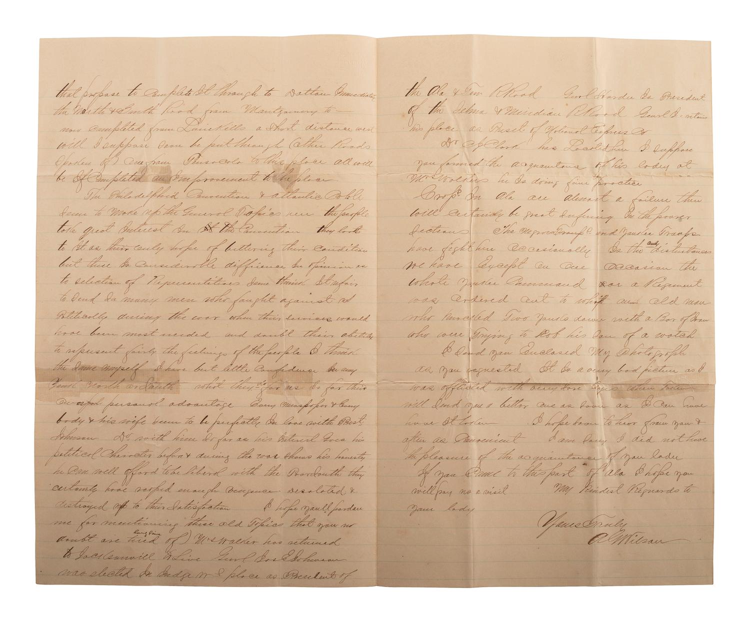 [RECONSTRUCTION]. Letter to a former Confederate General. Selma, Alabama. 10 August 1866.