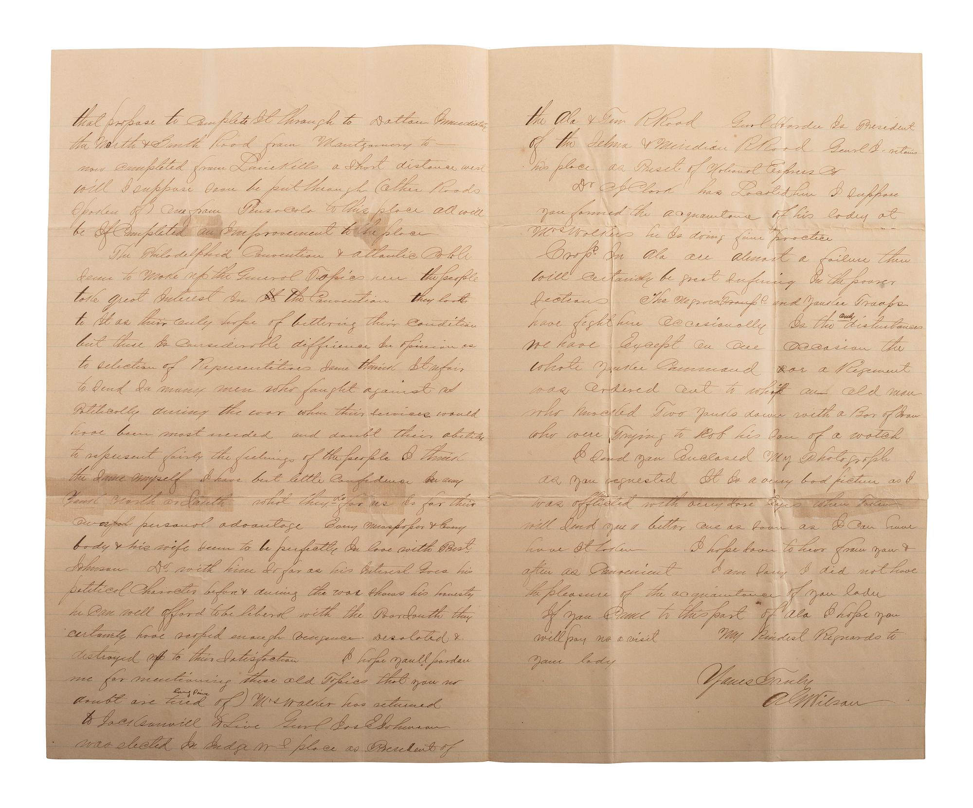 [RECONSTRUCTION]. Letter to a former Confederate General. Selma, Alabama. 10 August 1866.