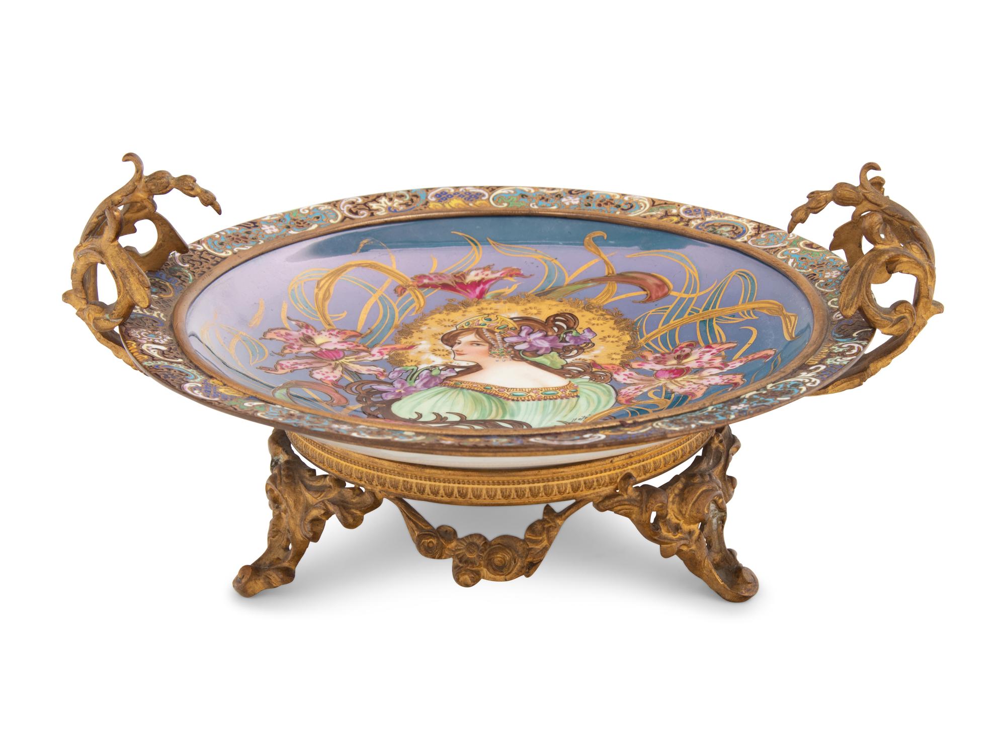 A Champlevé Enamel and Gilt Bronze Mounted Sèvres Style Porcelain Plate