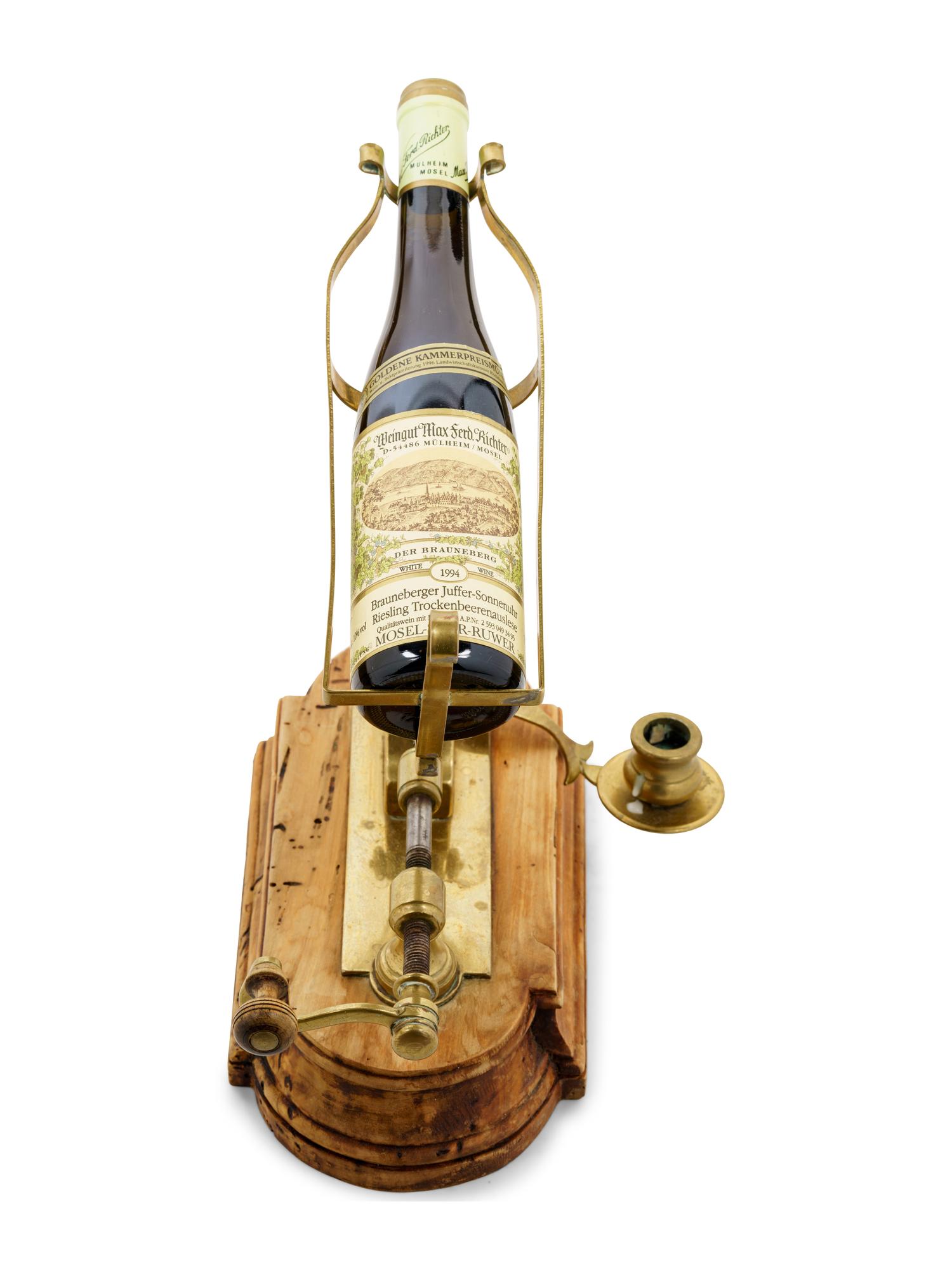 An English Brass and Walnut Port and Wine Bottle Mechanical Decanter