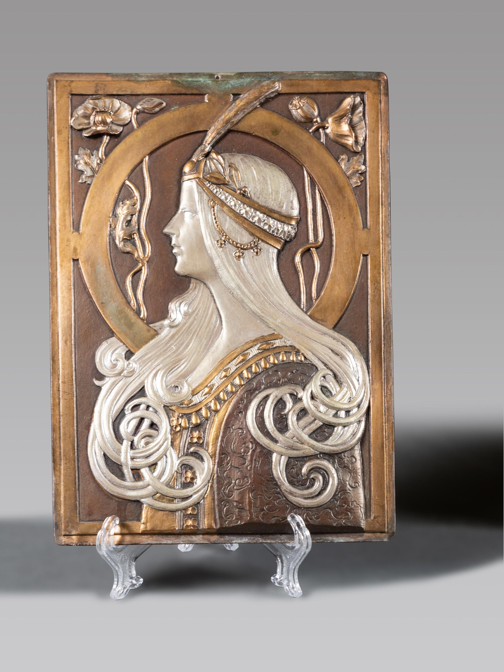 Three Art Nouveau Repoussé Metal Wall Plaques