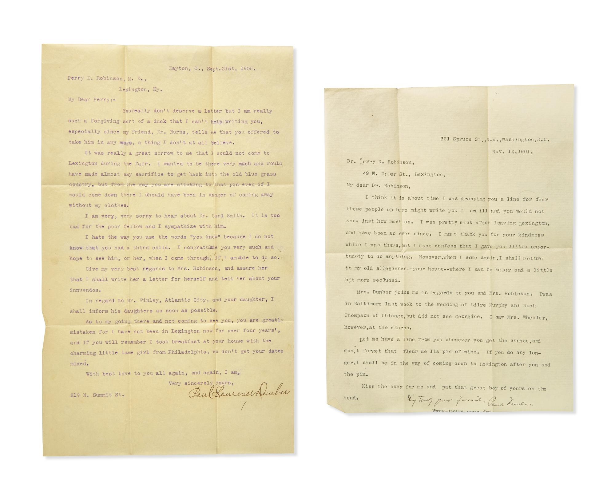 [African-Americana] Dunbar, Paul Laurence. Collection of 3 Inscribed Books and 4 Autographed and Typed Letters, signed