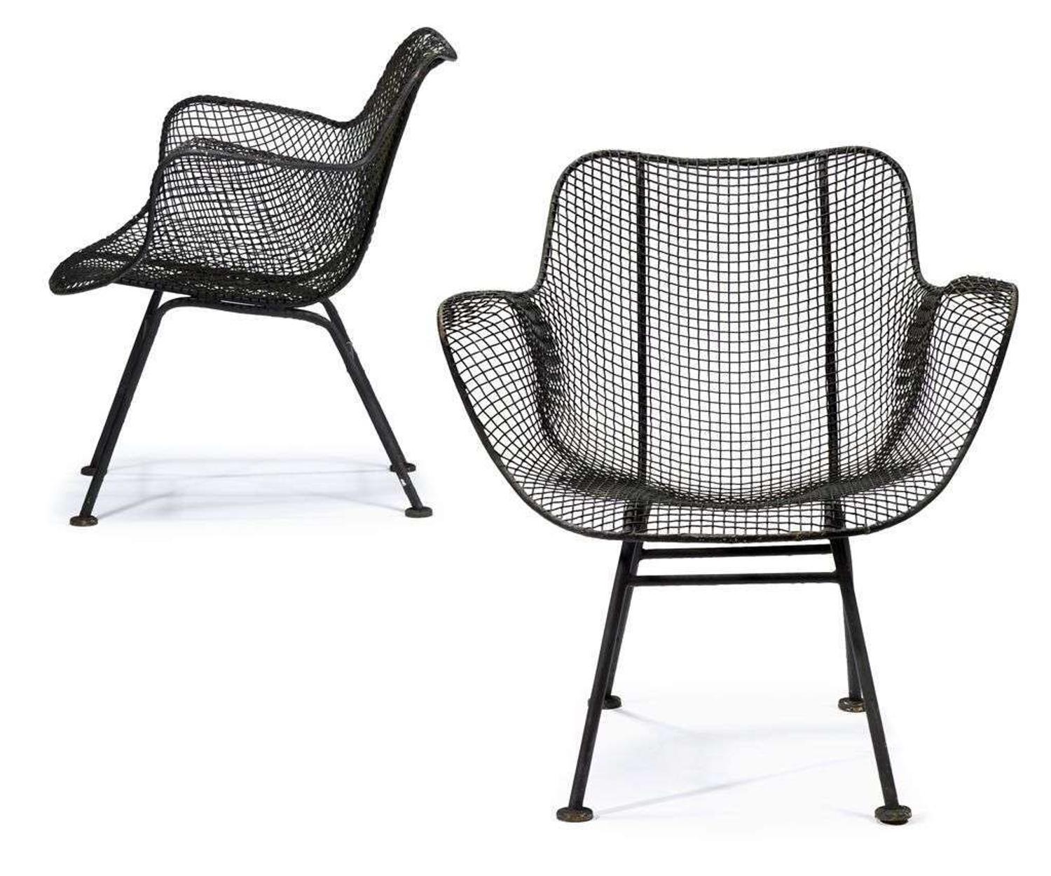 Four "Sculptura" wirework and iron chairs and table russell woodard, owosso, mi, circa 1965