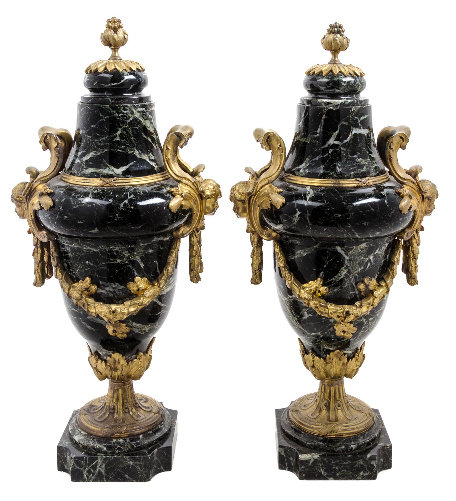 A Pair of Continental Gilt Bronze and Marble Urns Height 19 inches. — FIRST HALF 20TH CENTURY
