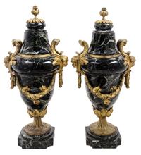 A Pair of Continental Gilt Bronze and Marble Urns Height 19 inches. — FIRST HALF 20TH CENTURY