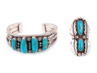 Navajo Silver and Turquoise Cuff Bracelet and Ring