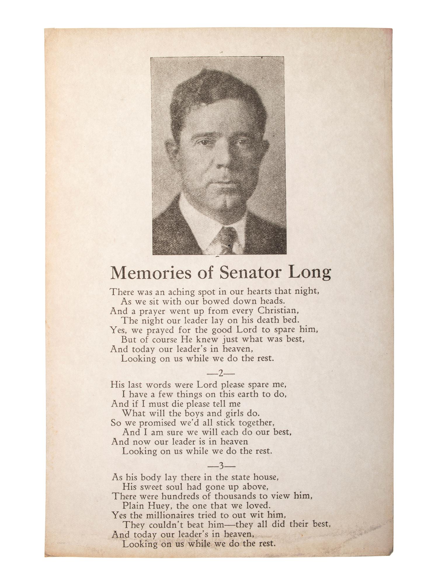 LONG, Huey Pierce (1893-1935)]. Memories of Senator Long. N.p., ca 1935.