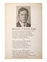 LONG, Huey Pierce (1893-1935)]. Memories of Senator Long. N.p., ca 1935.