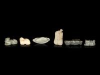 Six Chinese Celadon Jade Carvings of Animals and Fruits