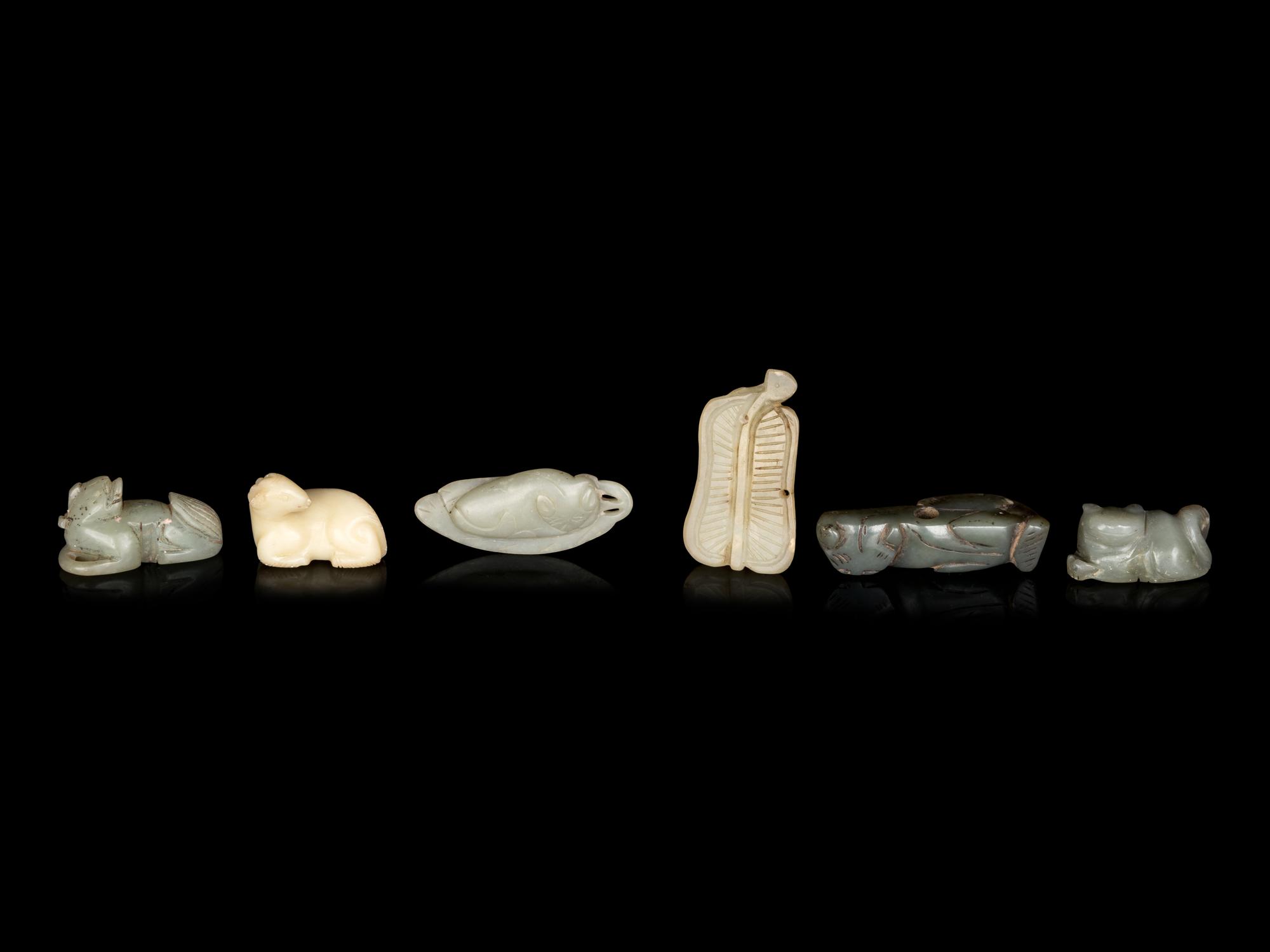 Six Chinese Celadon Jade Carvings of Animals and Fruits