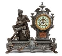 A Cast Metal Figural Mantle Clock Height 19 1/2 x width 19 1/4 x depth 7 1/2 inches. — ANSONIA