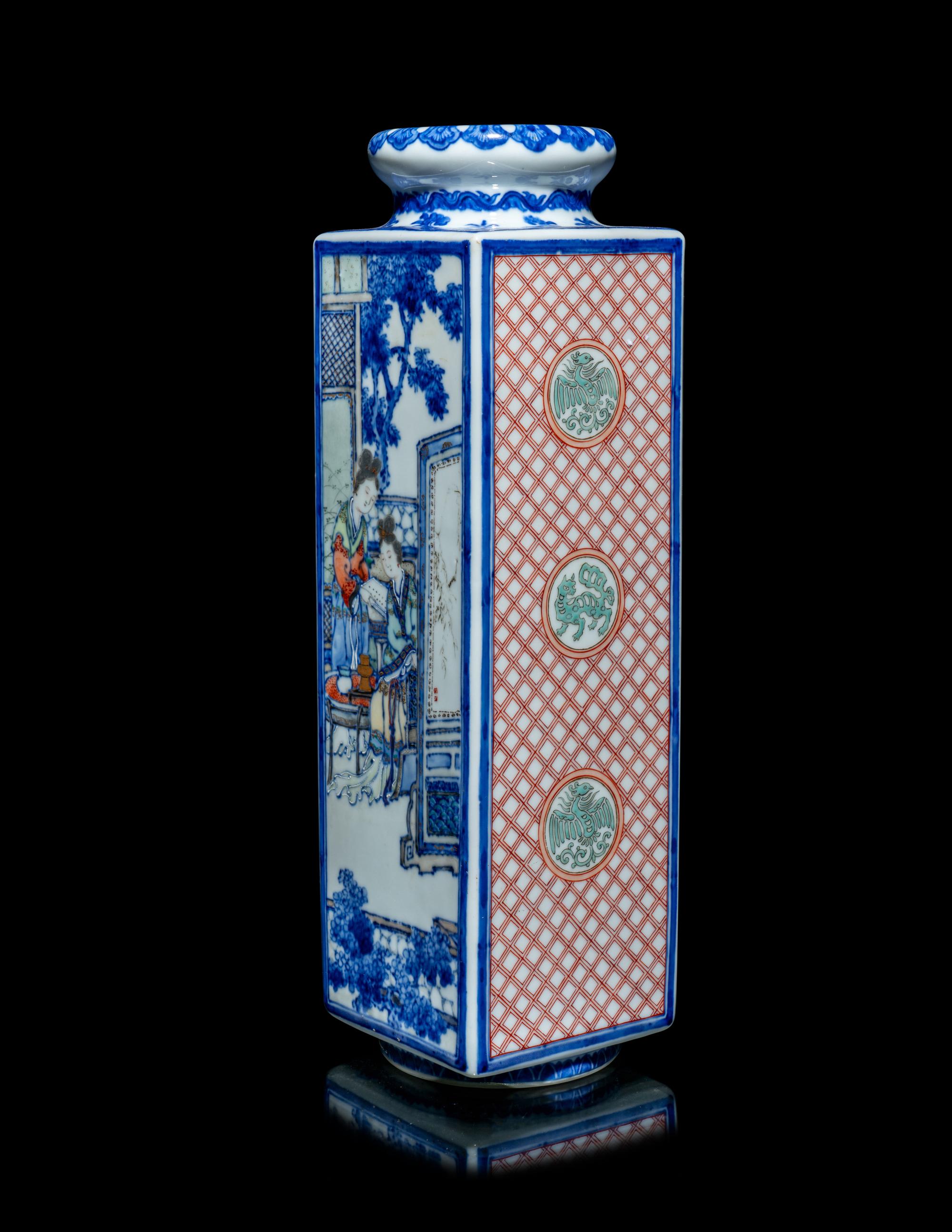 A Japanese Underglazed Blue and Polychrome Enamelled Porcelain Square Vase