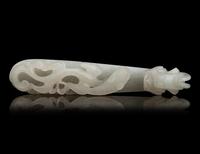 Two Chinese Carved Celadon Jade 'Chilong' Belt Hooks