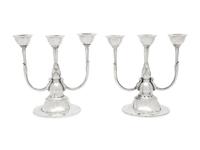 A Pair of Harald Nielsen for Georg Jensen Silver Three-Light Candelabra