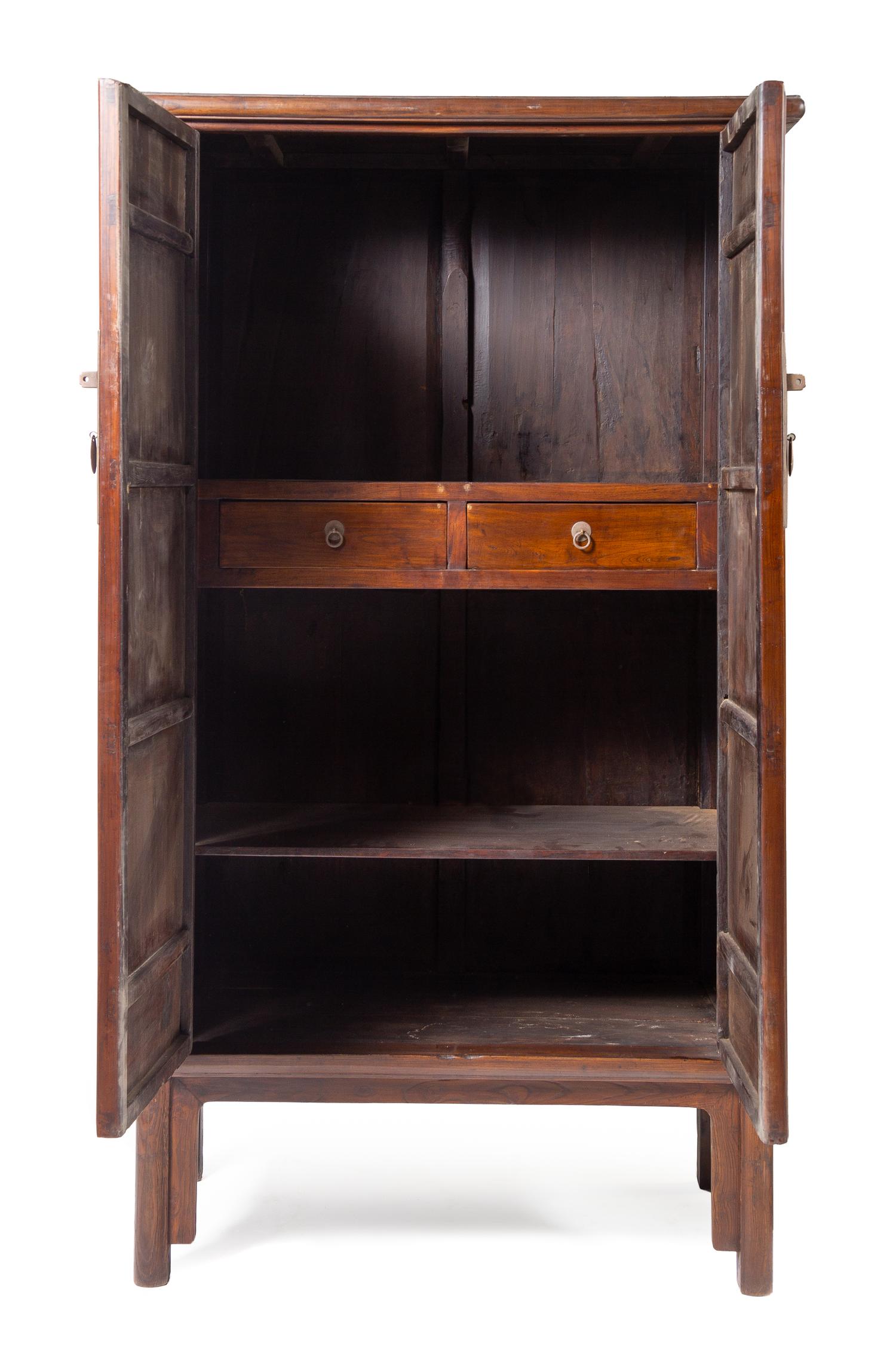 A Large Pair of Elmwood Cabinets, Yuanjiaogui Each height 88 x width 47 x depth 24 inches. — QING DYNASTY (1644-1911)