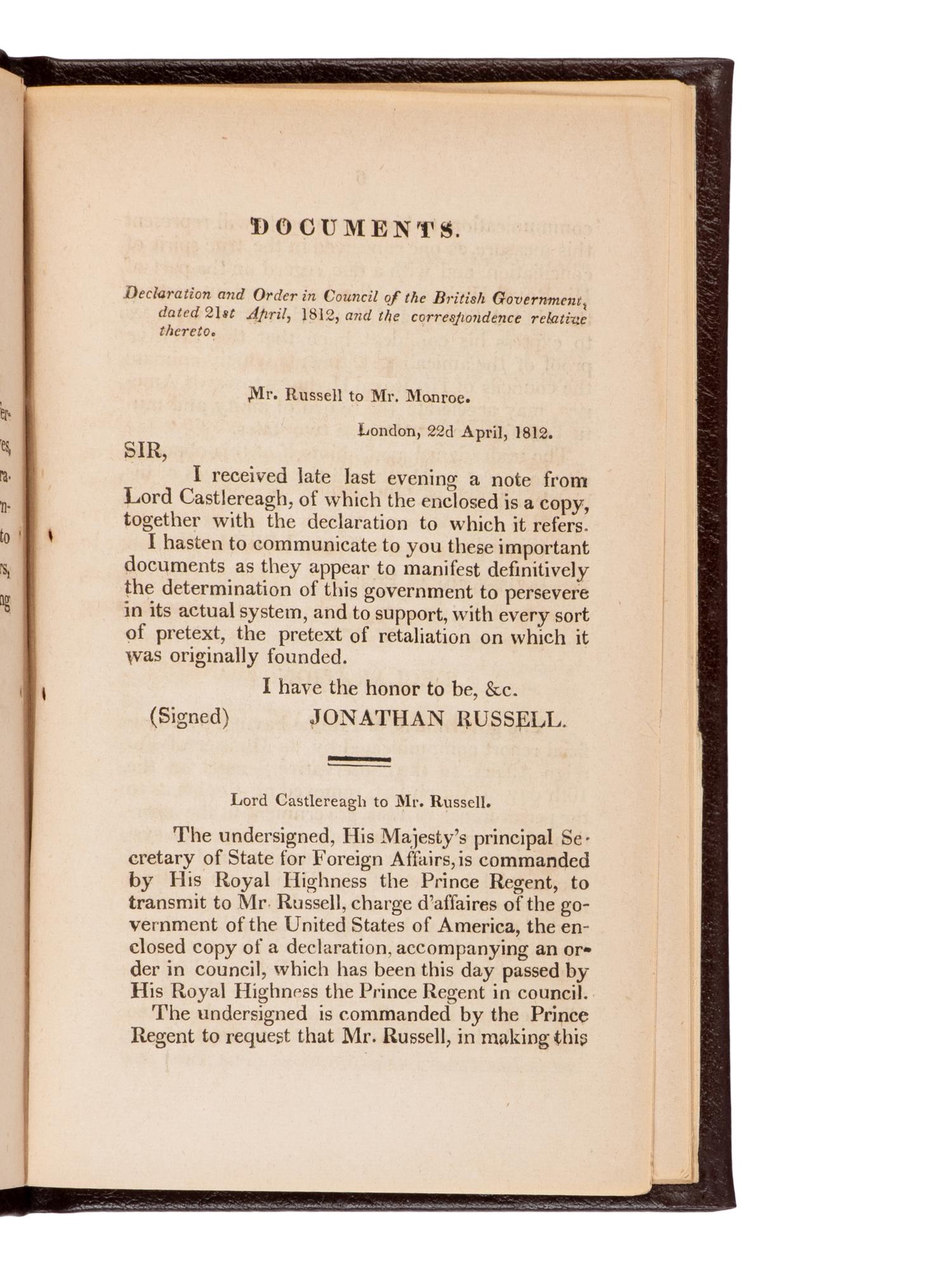[Presidential] [Madison, James] Message from the President of the United States, Transmitting Sundry Documents Relating to a Declaration and Order in Council of the British Government, of the Twenty-First of April, 1812